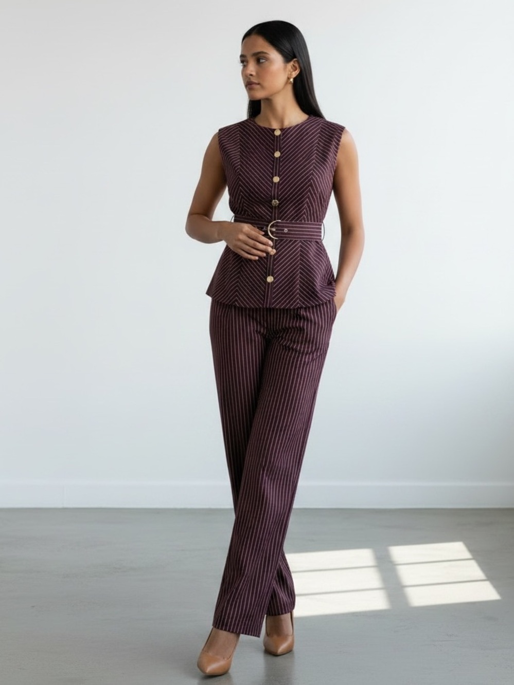 NWT Women's Plum Pinstripe Belted Pantsuit